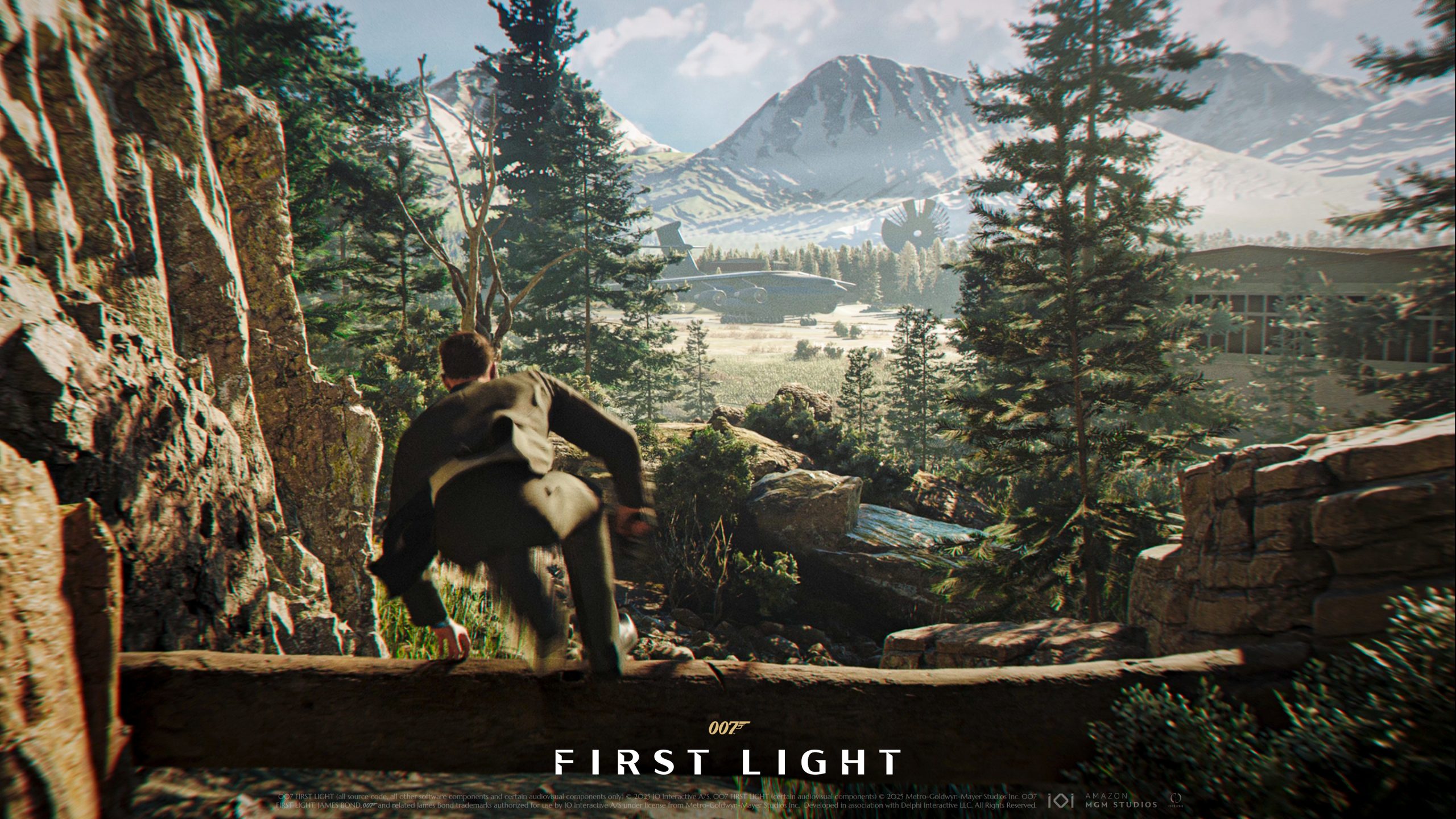 Official 007 First Light gameplay screenshot showing James Bond overlooking a snowy mission area in Slovakia