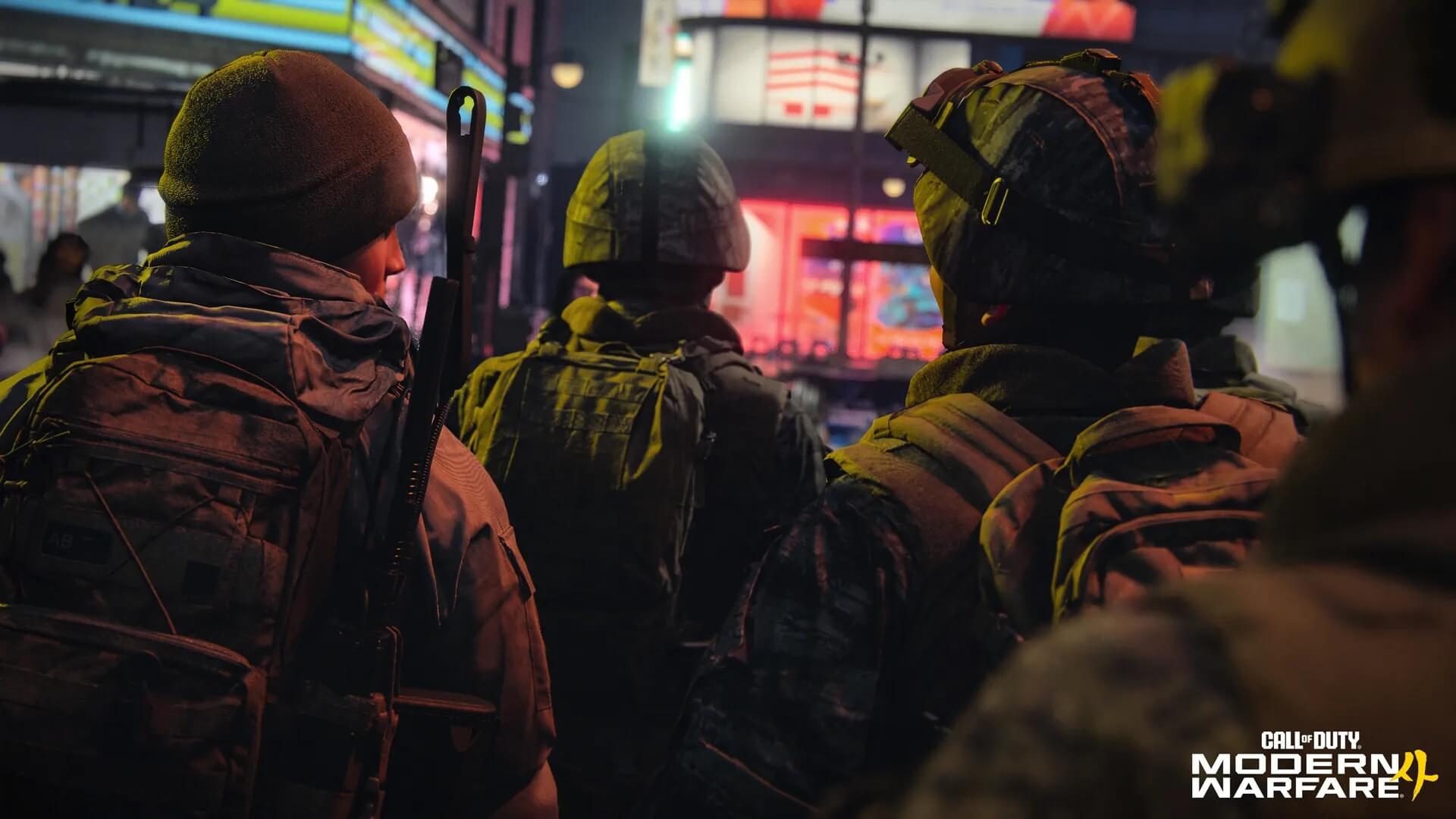 Official Call of Duty: Modern Warfare 4 image showing a squad of soldiers in a nighttime city scene
