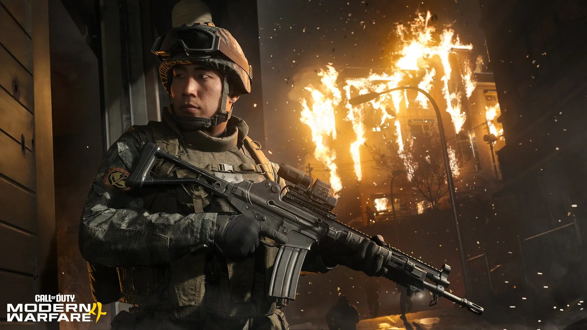 Official Call of Duty: Modern Warfare 4 image showing a soldier in front of a burning city scene