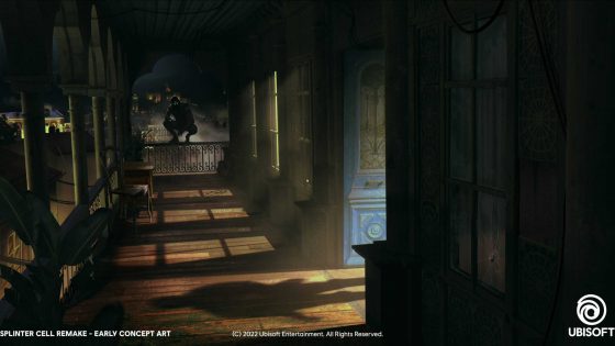 Official Splinter Cell Remake concept art showing a stealth operative crouched on a balcony in a shadowed environment