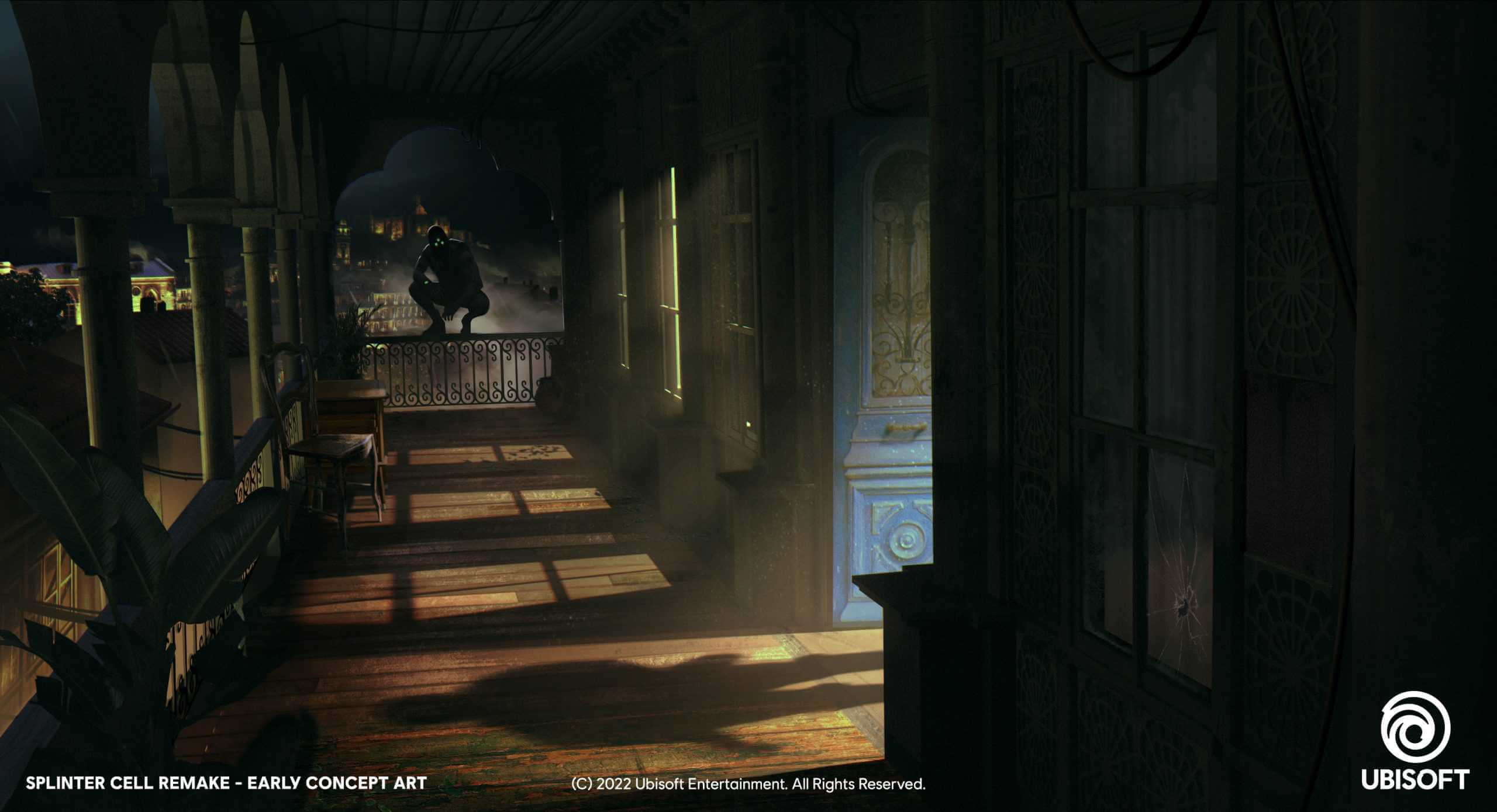 Official Splinter Cell Remake concept art showing a stealth operative crouched on a balcony in a shadowed environment